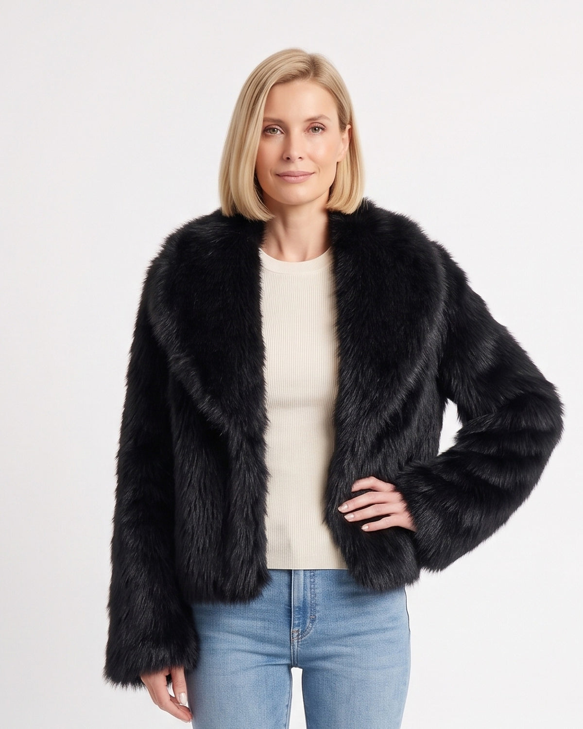 Black cropped faux fur jacket with wide lapel collar, open front, long sleeves