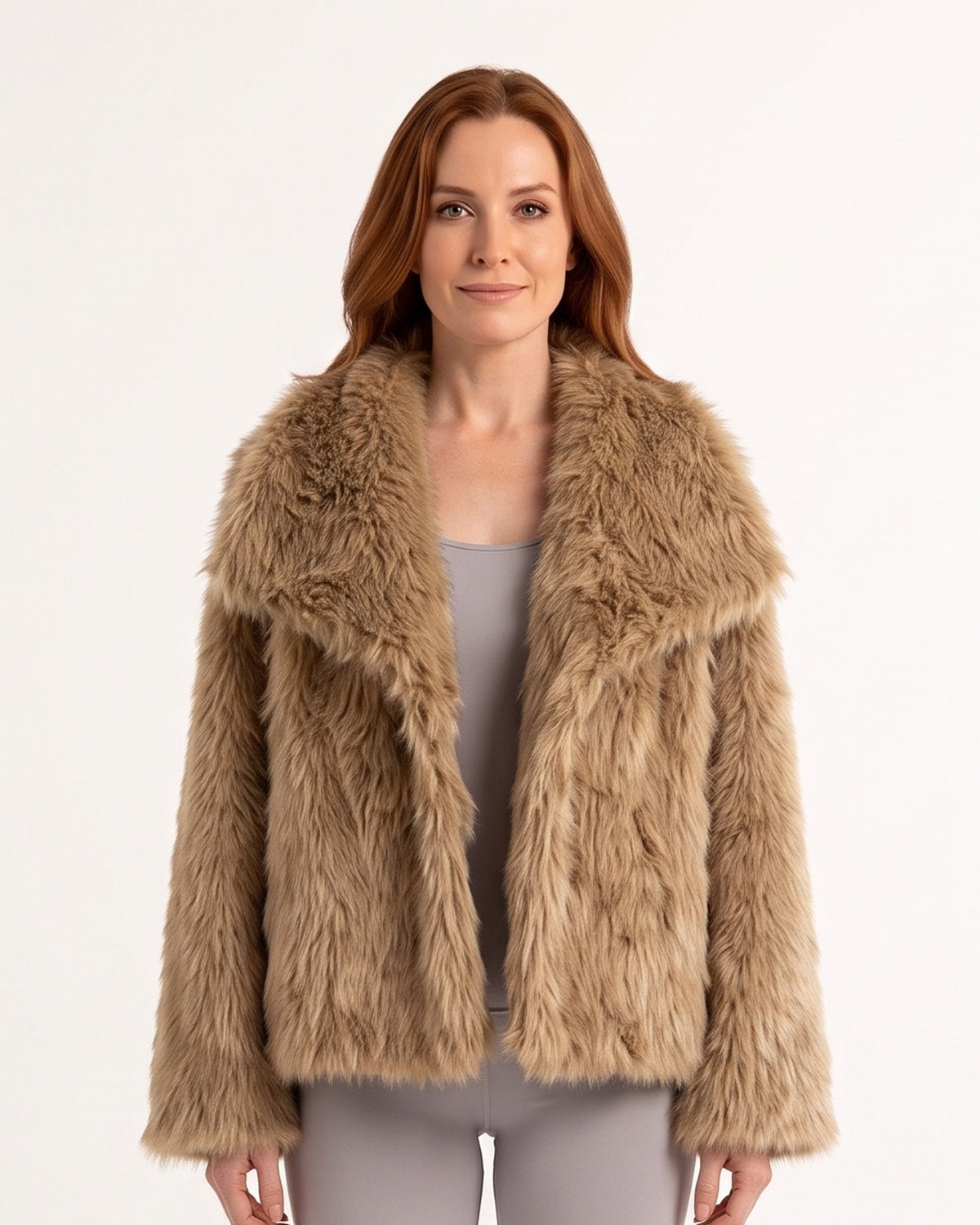 Tan cropped faux fur jacket with shaggy pile and oversized collar, open front