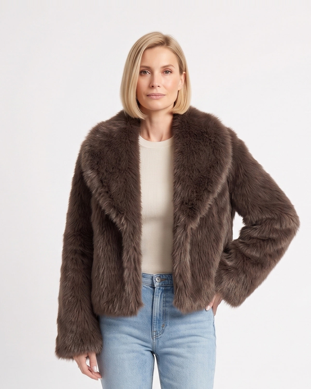 Brown cropped faux fur jacket with wide lapel collar, open front, long sleeves