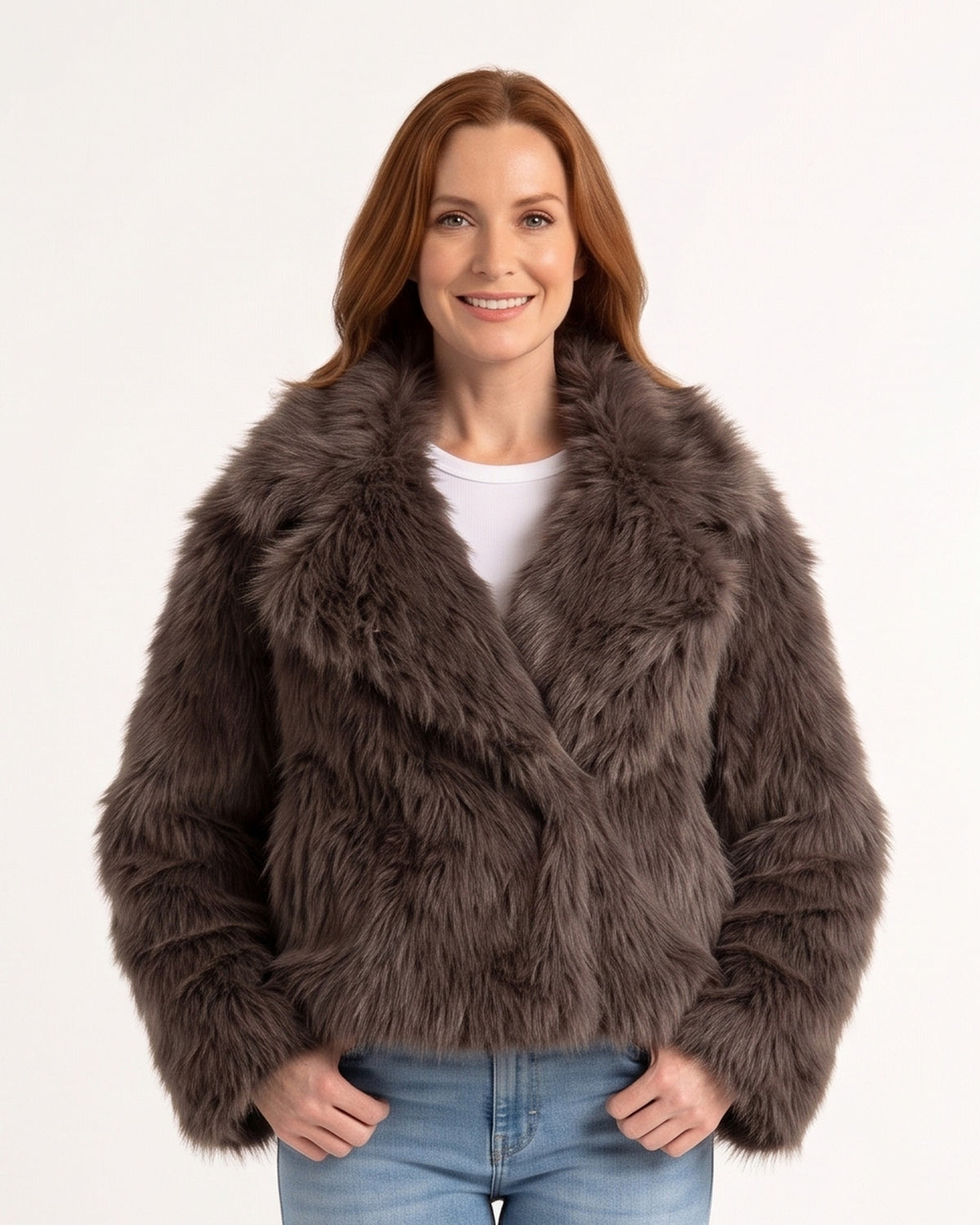 Charcoal gray cropped faux fur jacket with wide oversized collar, open front