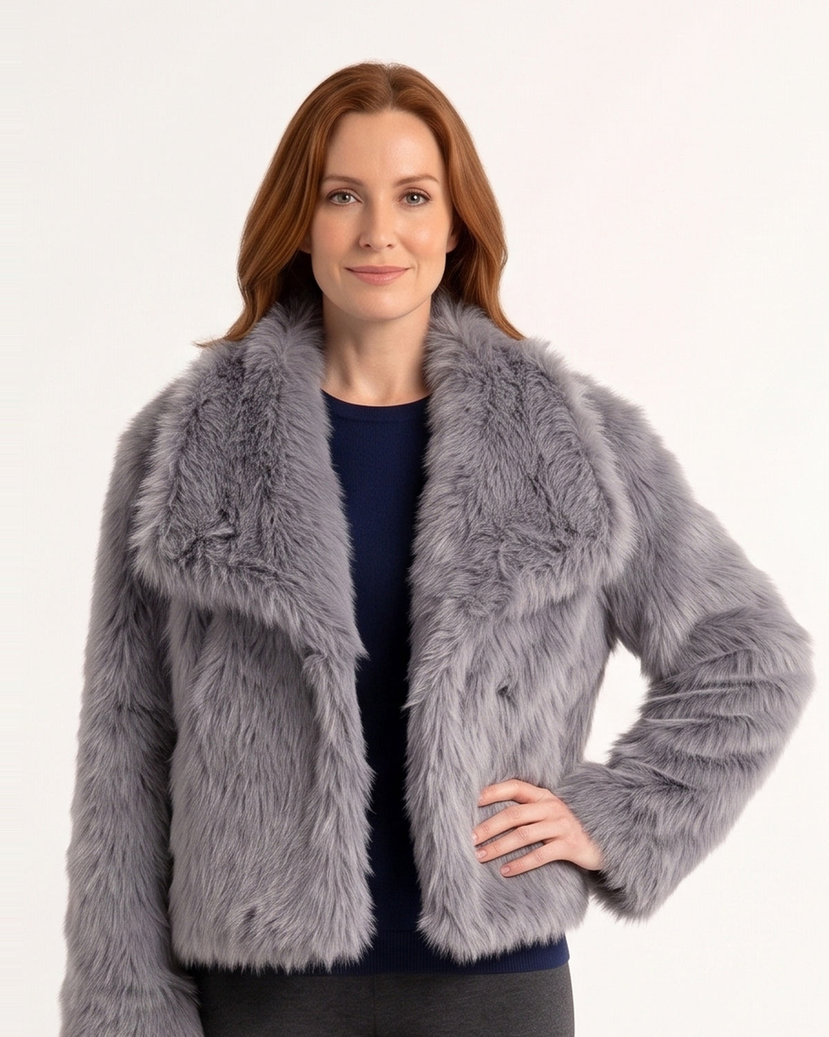 Light gray-blue cropped faux fur jacket with oversized collar and open front