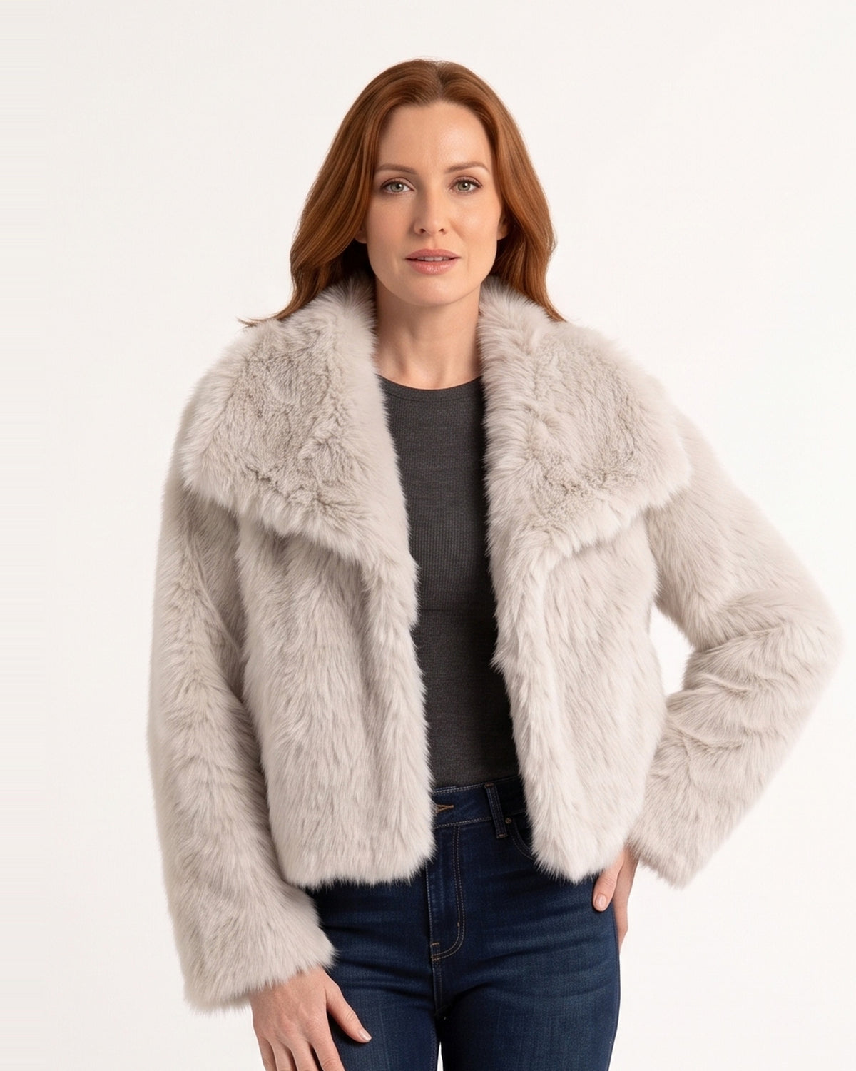 Light gray cropped faux fur jacket with wide oversized collar, open front