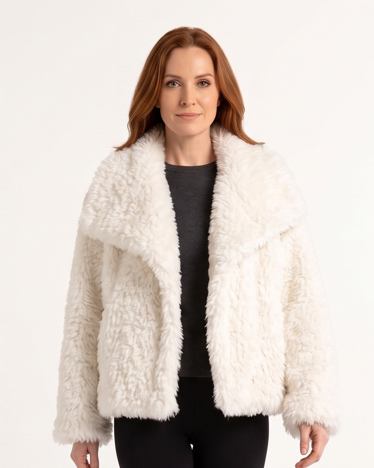 White cropped faux fur jacket with fluffy texture and oversized collar, open front