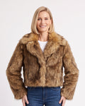 Brown cropped faux fur jacket with shaggy texture, wide lapel, open front
