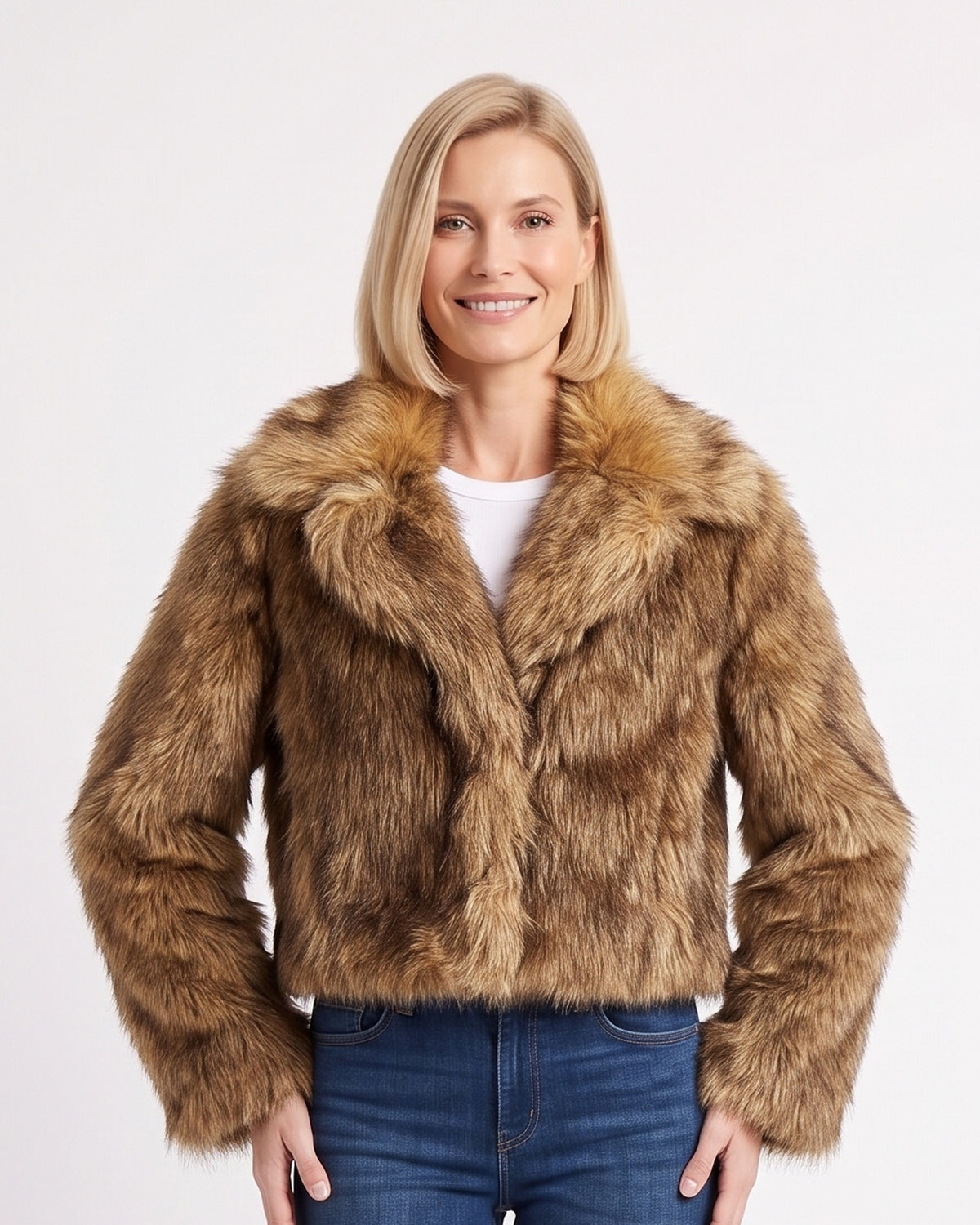 Brown cropped faux fur jacket with shaggy texture, wide lapel, open front