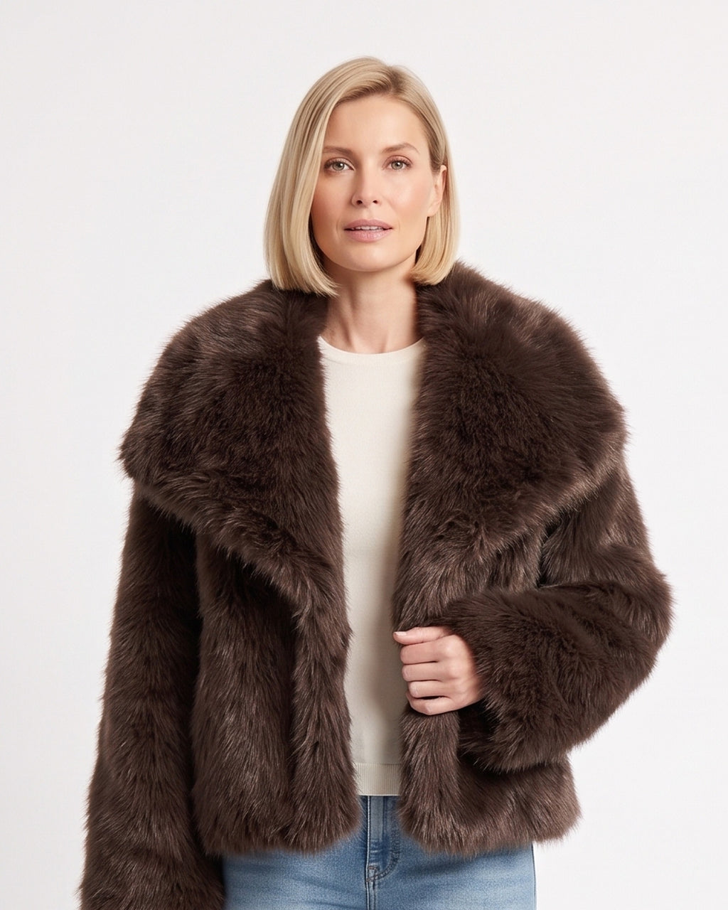 Dark brown cropped faux fur jacket with oversized lapel collar