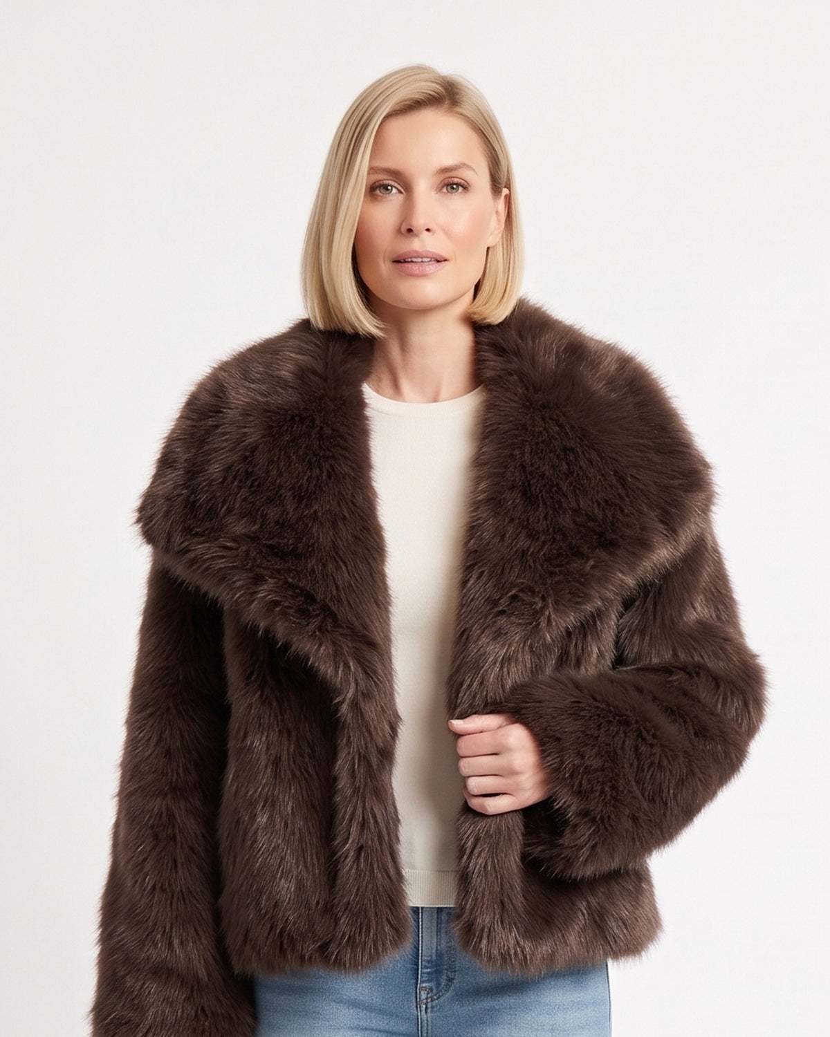 Dark brown cropped faux fur jacket with oversized lapel collar