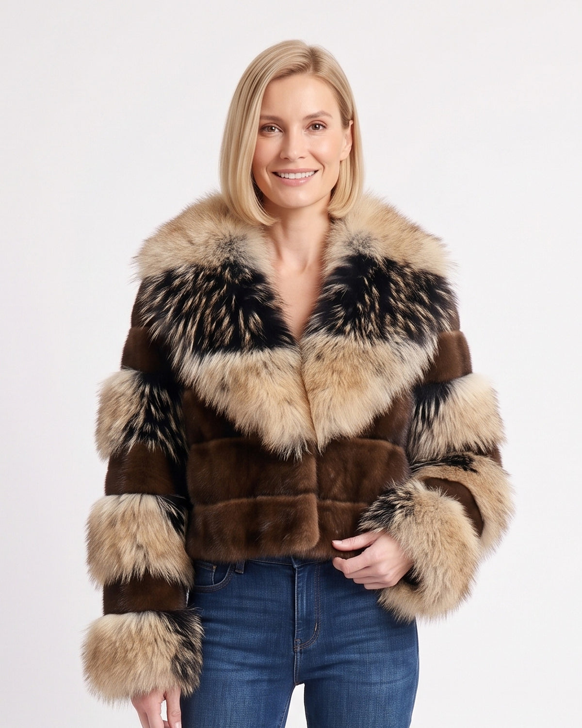 Brown patchwork faux fur cropped jacket with oversized lapel, front view