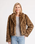 Cropped brown faux fur jacket with shaggy texture, open front, long sleeves