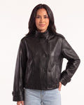 Black cropped faux leather biker jacket with buckled stand collar and button front placket