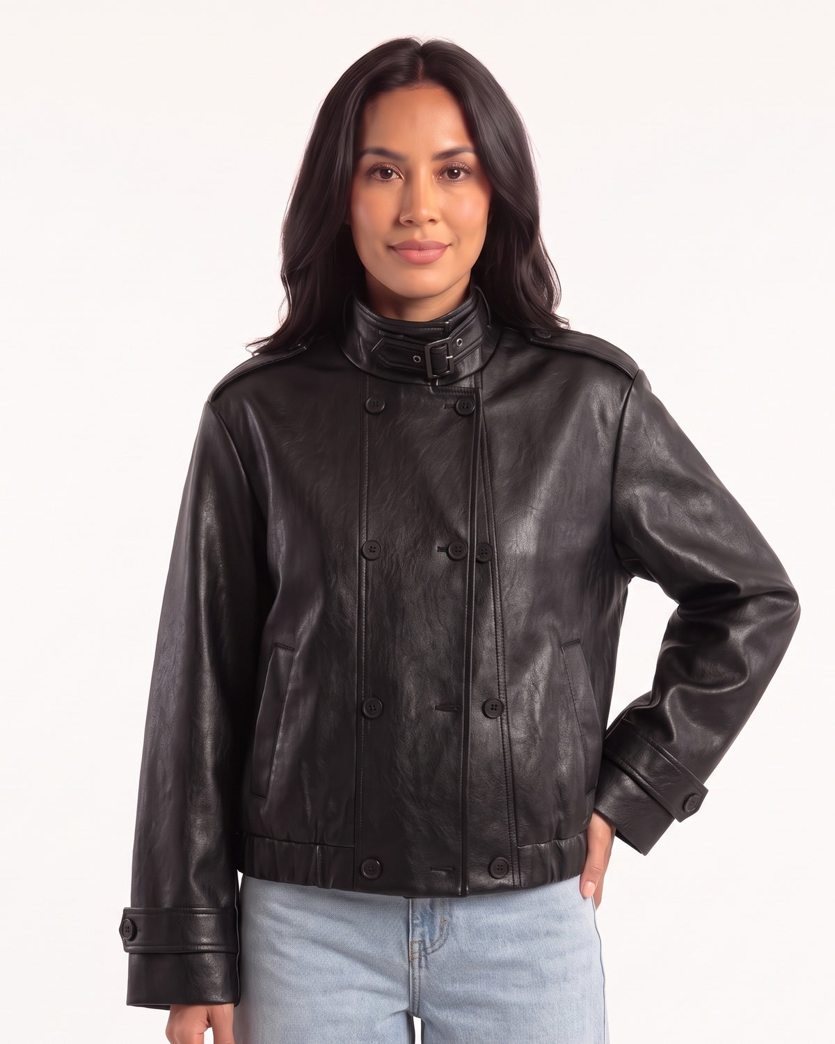 Black cropped faux leather biker jacket with buckled stand collar and button front placket