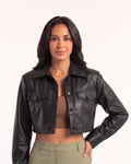 Cropped faux leather jacket with button front, flap pockets, pointed collar