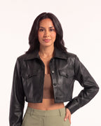 Cropped faux leather jacket with button front, flap pockets, pointed collar