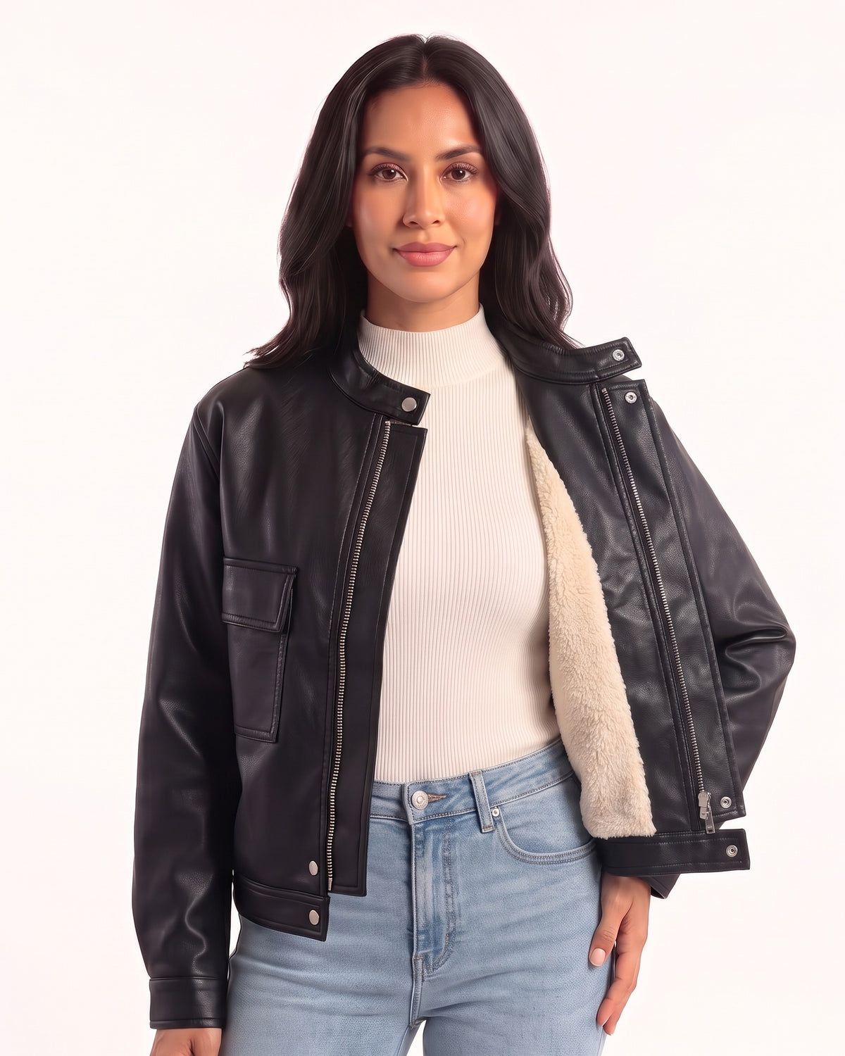 Black cropped faux leather jacket with snap placket, flap pocket, and light lining