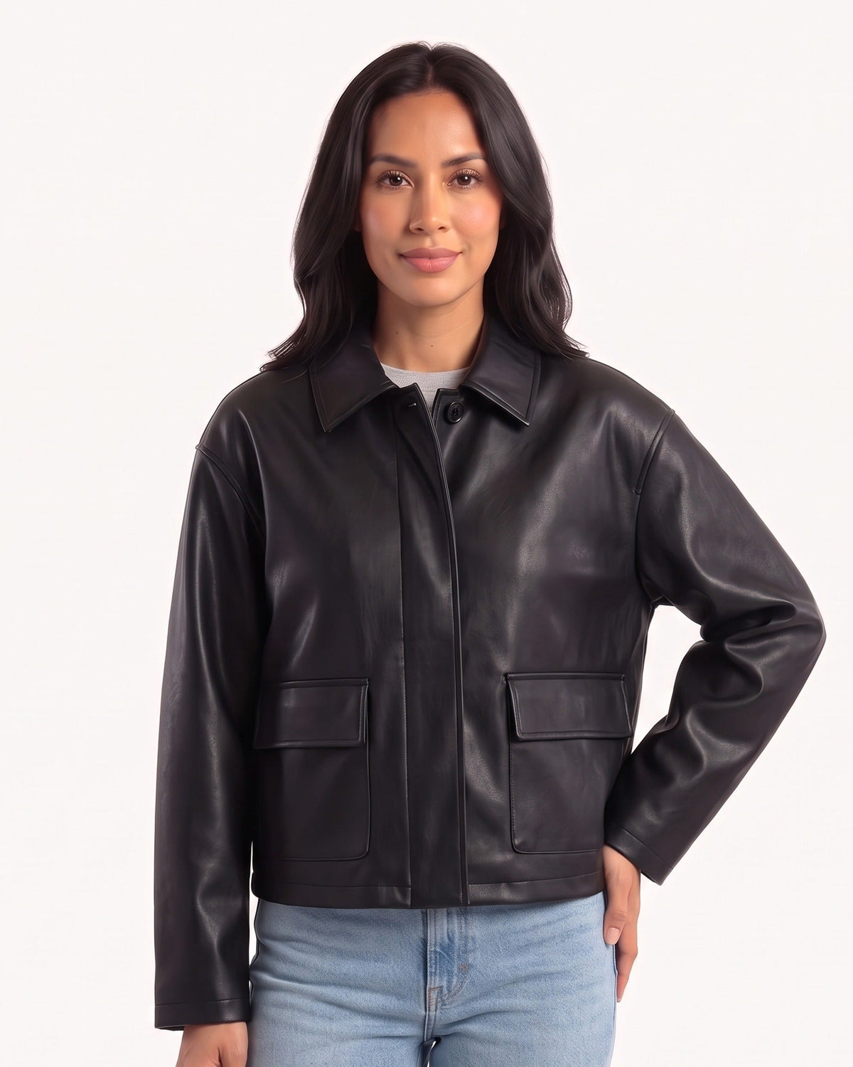 Black cropped faux leather jacket with collar, button front, and flap pockets