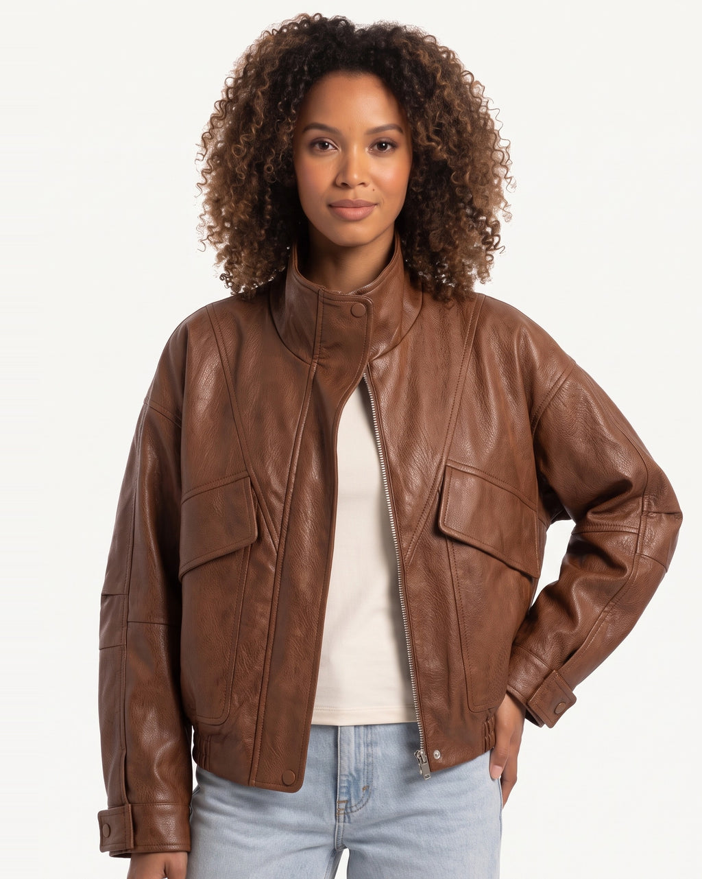 Brown faux leather jacket with stand collar and front zip, flap pockets