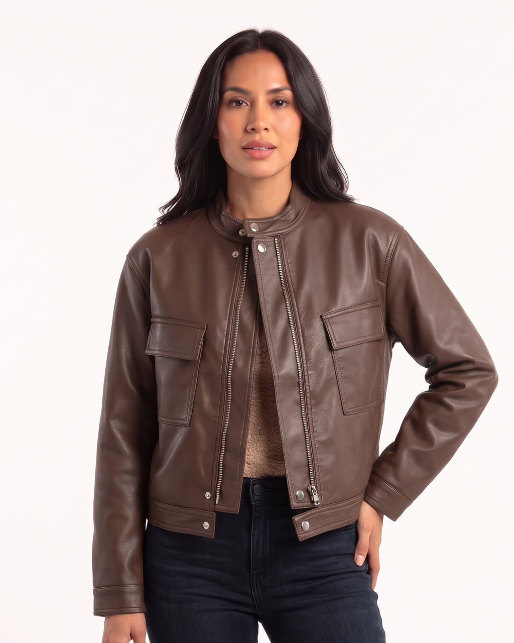 Brown cropped faux leather jacket with band collar, snap placket, and two flap pockets