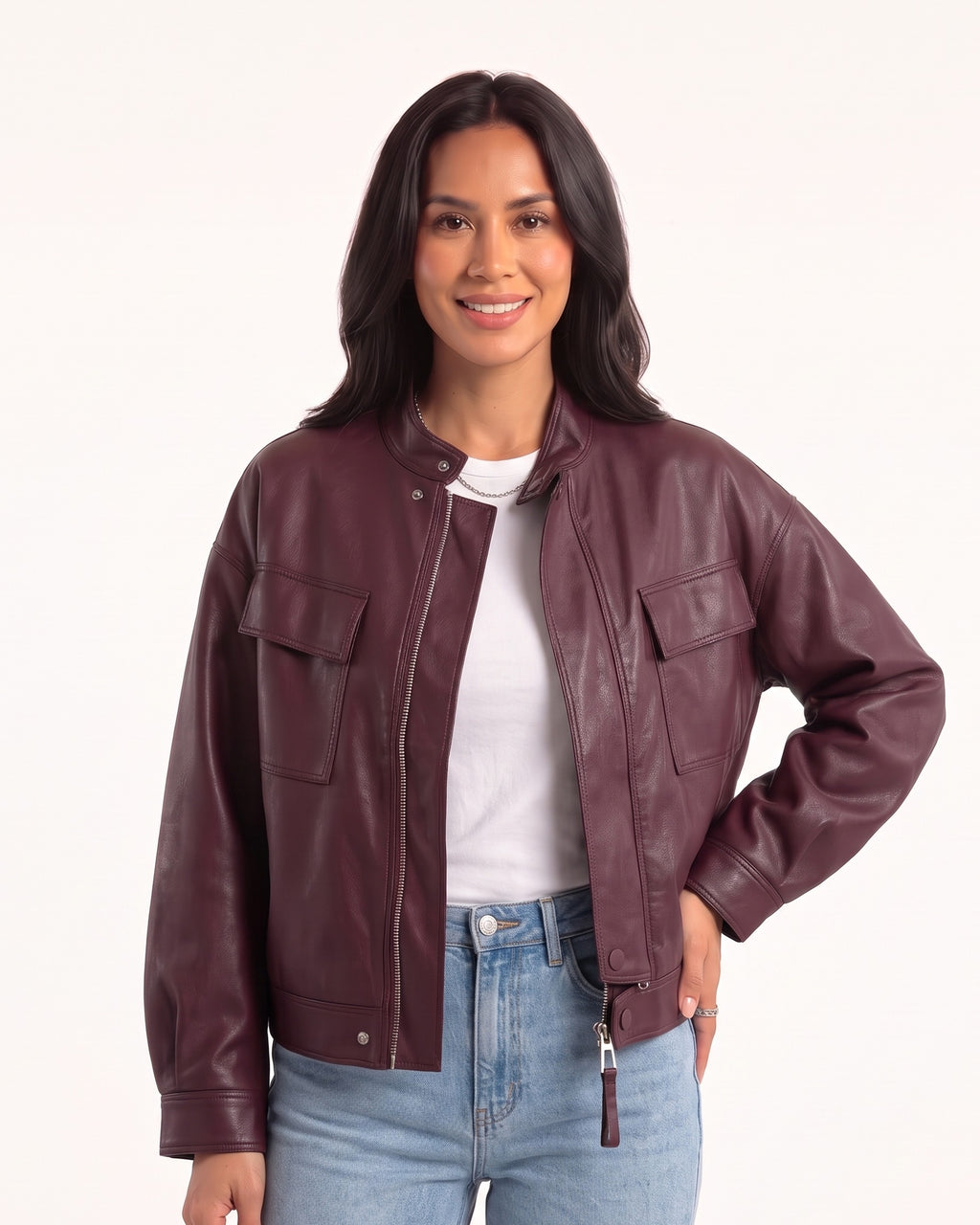 Women's cropped burgundy faux leather moto jacket with band collar, snap placket and flap pockets