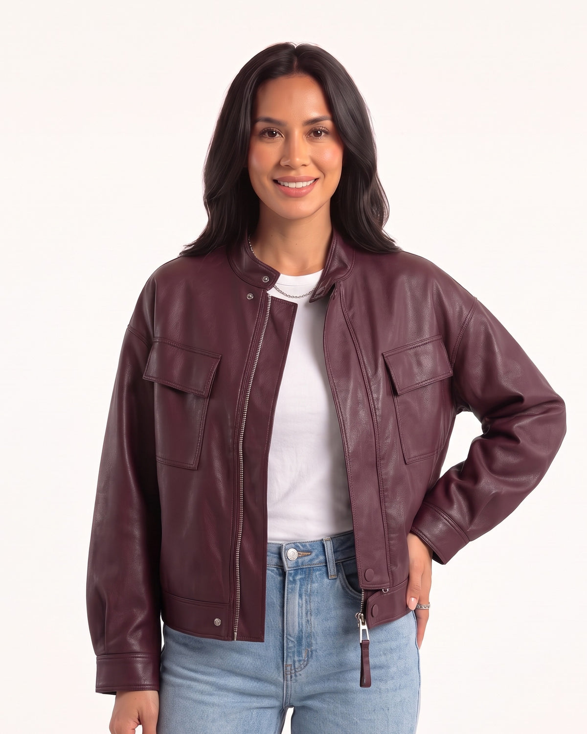 Women's cropped burgundy faux leather moto jacket with band collar, snap placket and flap pockets