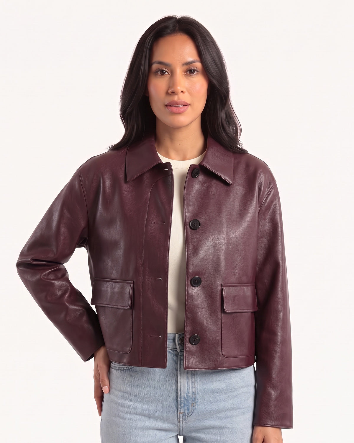 Cropped burgundy faux leather jacket with point collar, button front, flap pockets