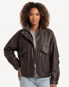 Dark faux leather jacket with stand collar, zip front, and flap pockets