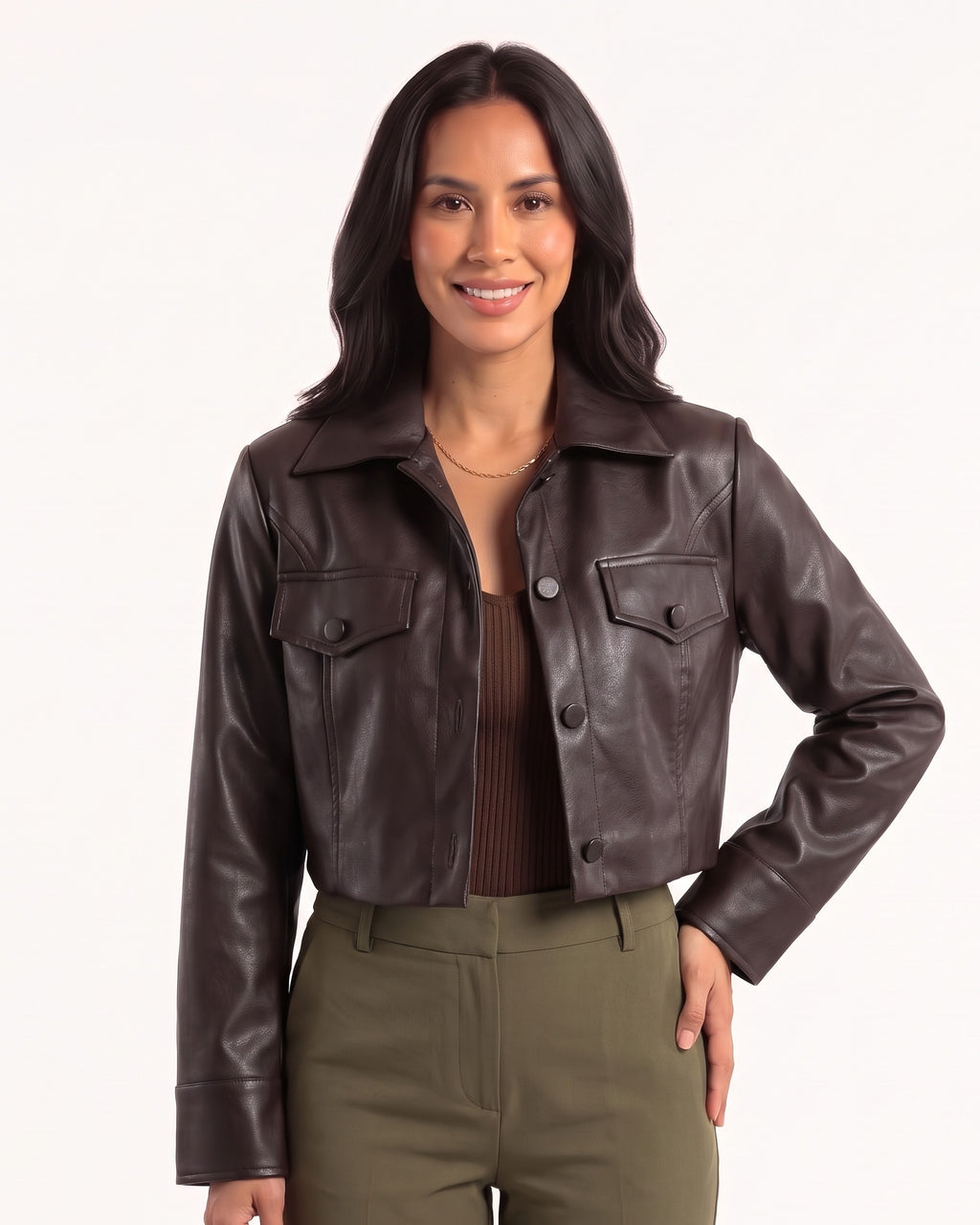 Cropped faux leather trucker jacket with button front and flap chest pockets