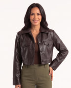 Cropped faux leather trucker jacket with button front and flap chest pockets