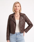 Women’s cropped faux leather moto jacket, dark brown with zip front and snap lapels