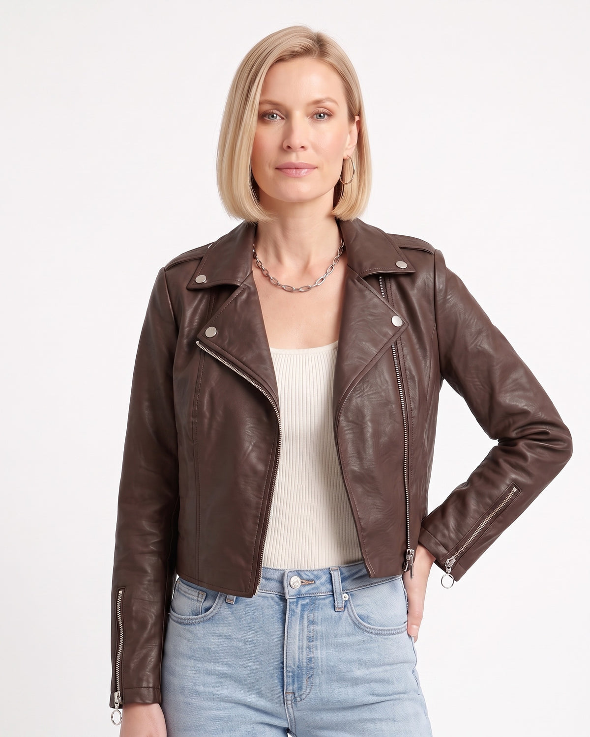 Women’s cropped faux leather moto jacket, dark brown with zip front and snap lapels