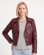 Women’s cropped faux leather moto jacket, burgundy with zip front and snap lapels