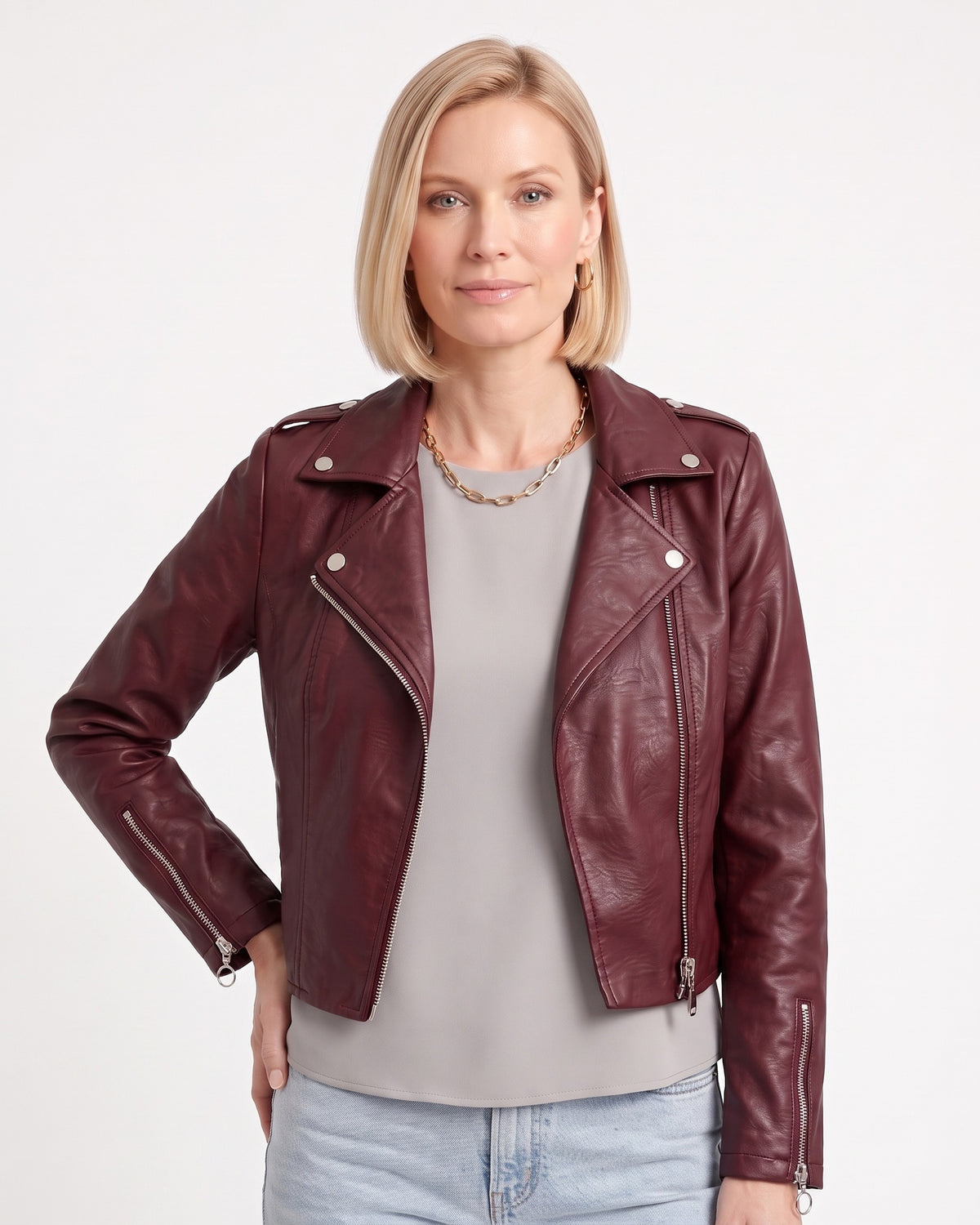Women’s cropped faux leather moto jacket, burgundy with zip front and snap lapels