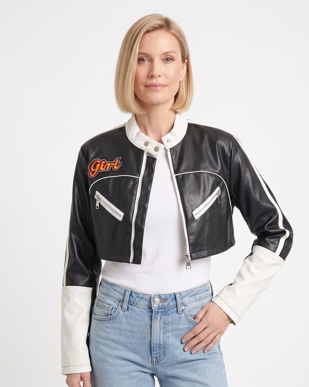 Cropped black faux leather racer jacket with white contrast trim, zip pockets, stand collar