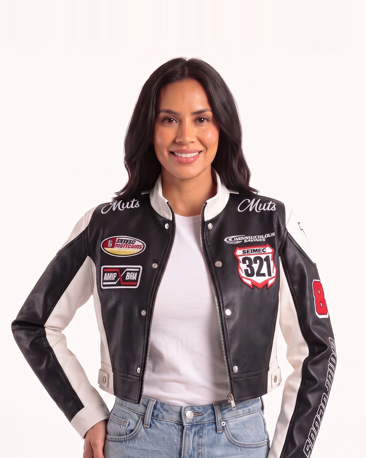 Cropped black-and-white moto jacket with stand collar, snap front, and racing patch embroidery