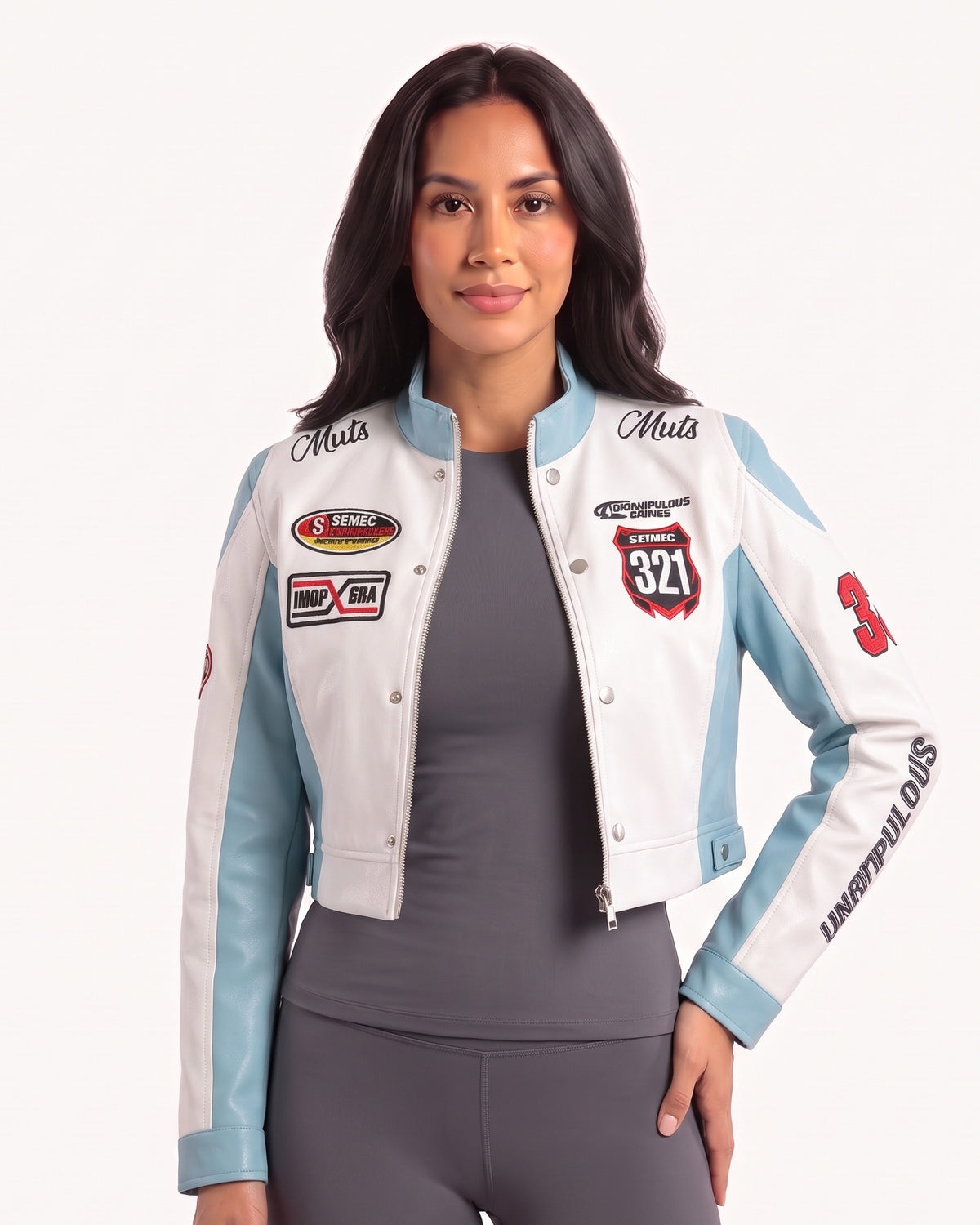 Cropped racing moto jacket with light blue-and-white colorblocking, stand collar, snap front