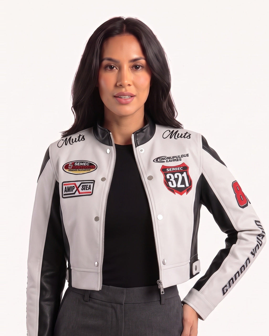 Cropped black-and-white moto jacket with stand collar, snap front, and embroidered racing patches