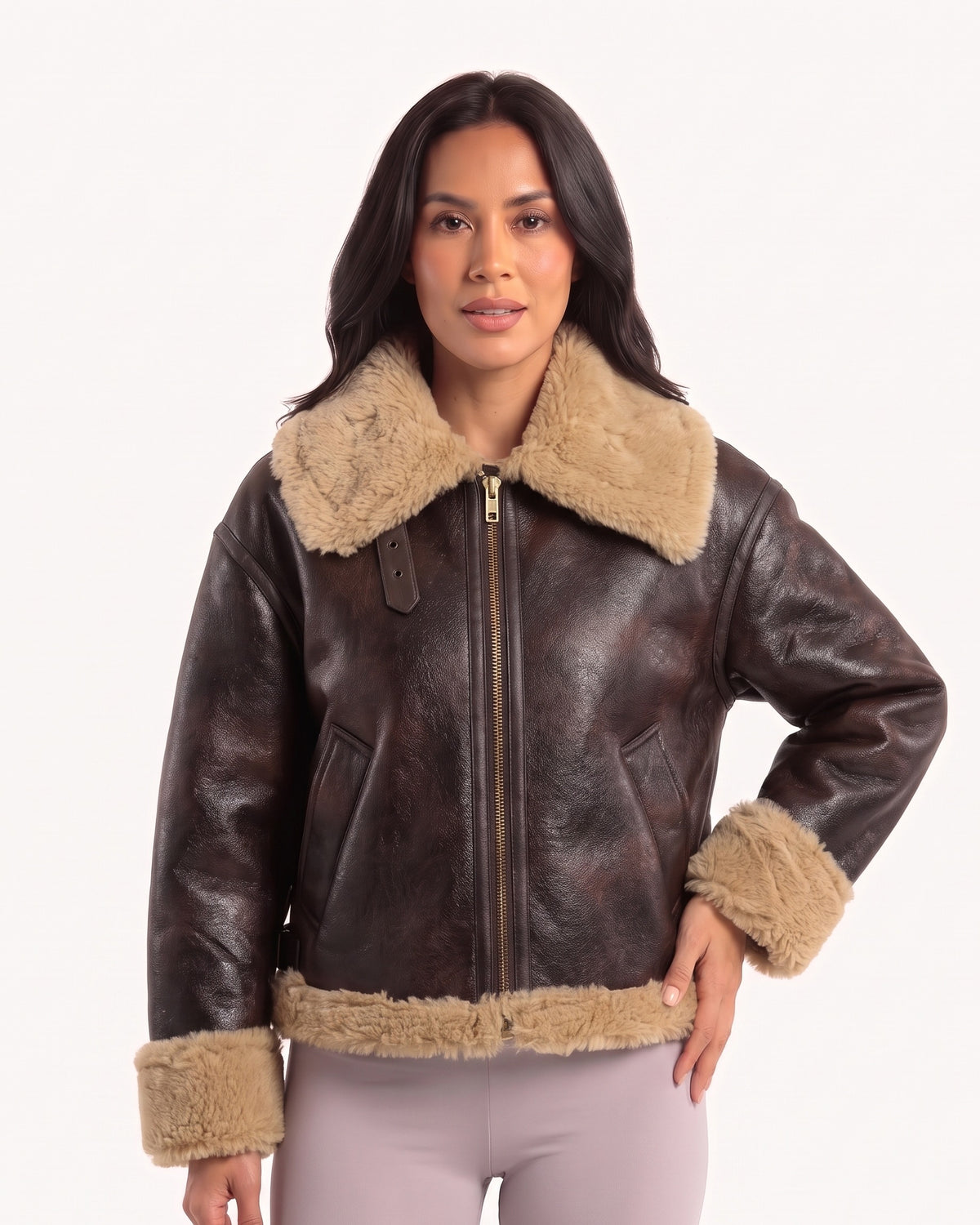 Women's aviator faux shearling jacket in dark brown with wide collar, zip, cuffed sleeves