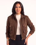 Brown cropped faux suede bomber jacket with stand collar, front zip, and flap pockets
