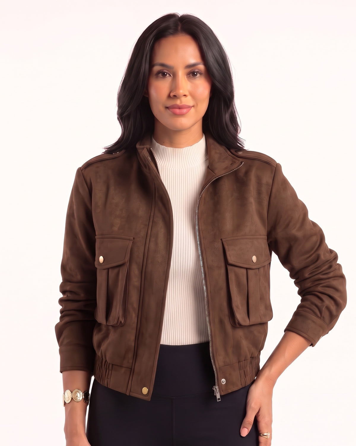 Brown cropped faux suede bomber jacket with stand collar, front zip, and flap pockets