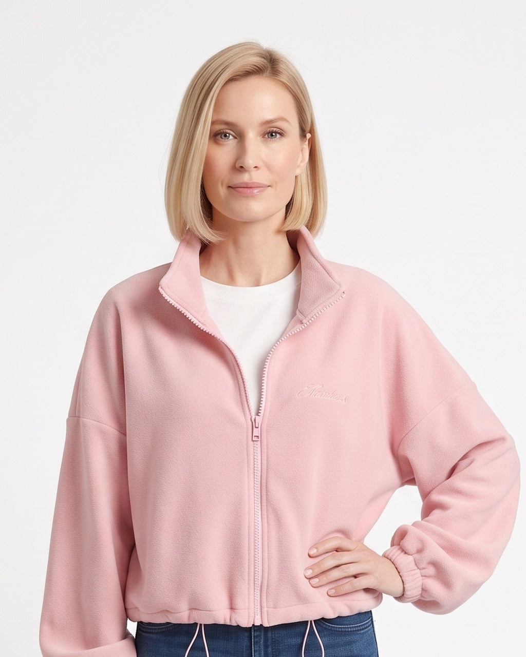 Women’s pink cropped fleece jacket, full-zip stand collar, drawstring hem