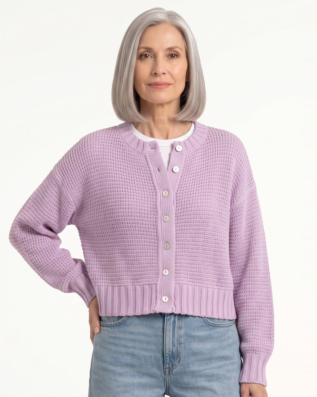 Light purple cropped open-knit cardigan with button front, ribbed hem, long sleeves