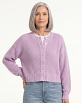 Light purple cropped open-knit cardigan with button front, ribbed hem, long sleeves