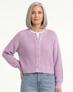 Light purple cropped open-knit cardigan with button front, ribbed hem, long sleeves