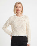 Off-white cropped pointelle sweater with crew neck, eyelet lace hem, and ribbed cuffs