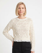 Off-white cropped pointelle sweater with crew neck, eyelet lace hem, and ribbed cuffs