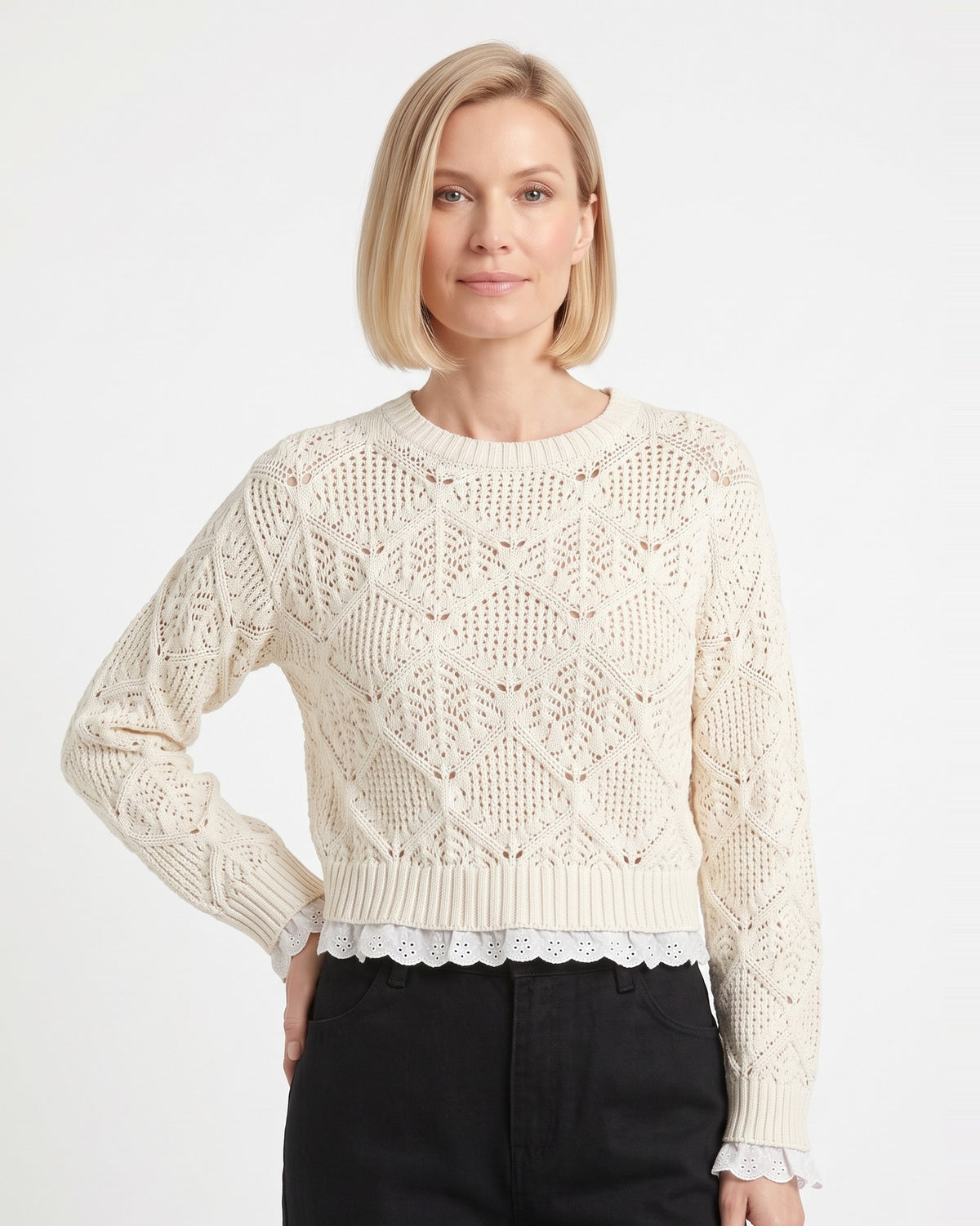 Off-white cropped pointelle sweater with crew neck, eyelet lace hem, and ribbed cuffs