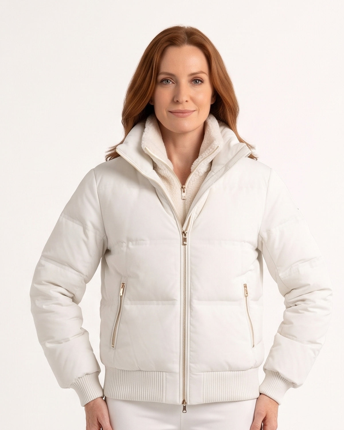 White hooded cropped puffer jacket with full zip and two zip front pockets