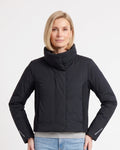 Women's cropped black puffer jacket with funnel neck and ribbed side panels