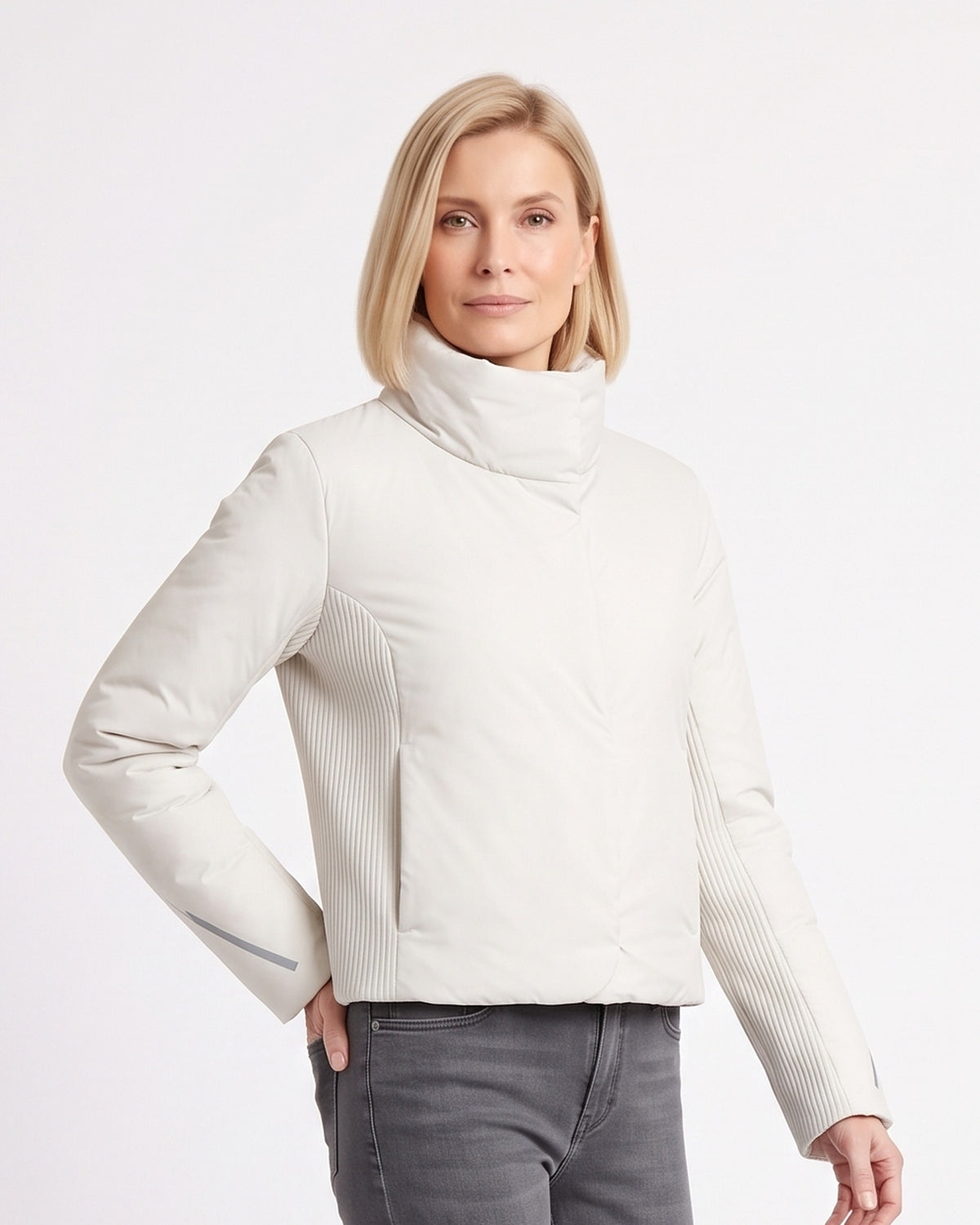 Women's cropped off-white puffer jacket with funnel neck and ribbed side panels