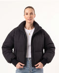 Cropped black puffer jacket for women, oversized stand collar, zip front, ribbed cuffs