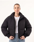 Cropped black puffer jacket for women, oversized stand collar, zip front, ribbed cuffs